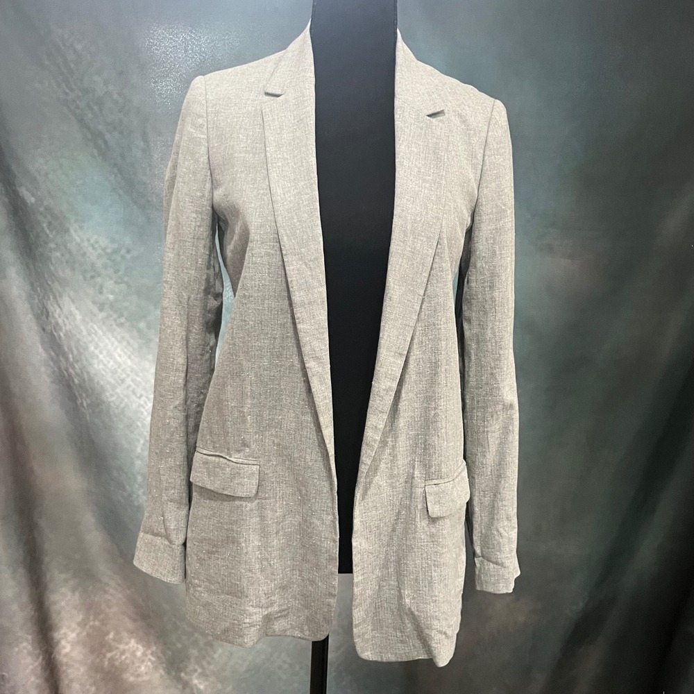 Massimo Dutti Grey Herringbone Silk Blend Open Front Blazer Jacket Size‎ 4